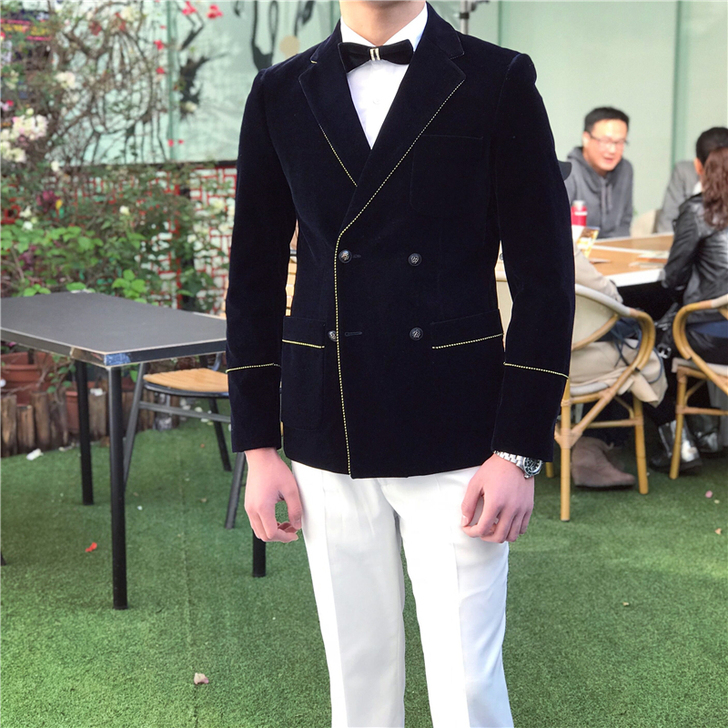 鹿三先生秋冬新款男士高级丝绒西装宴会主持婚...