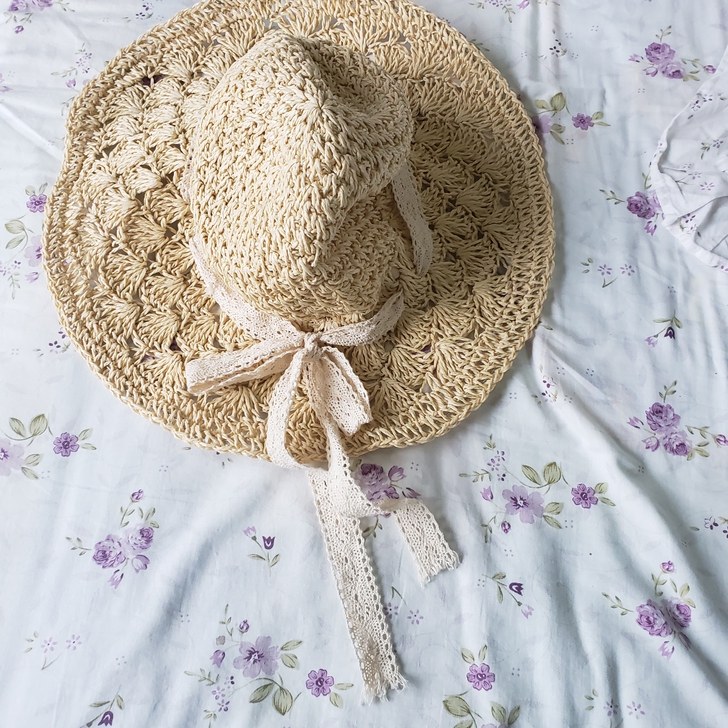 度假风沙滩海边出游宽沿遮阳蕾丝飘带编织网红...