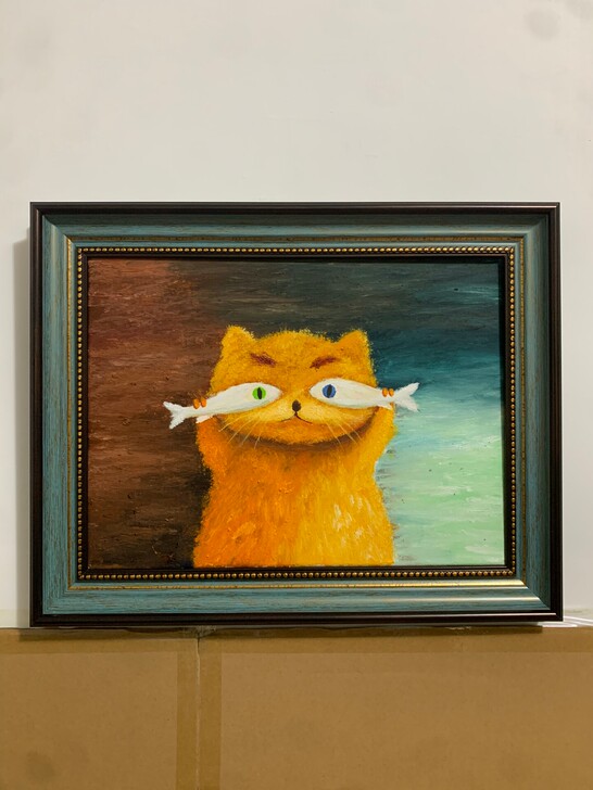纯手绘油画，创意油画猫咪，自己画的，油画颜...