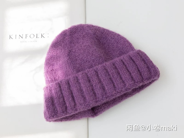 紫色瓜皮帽毛线帽秋冬加厚卷边