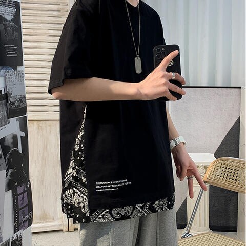 拼接腰果花短袖T恤男潮牌潮流ins高街情侣...