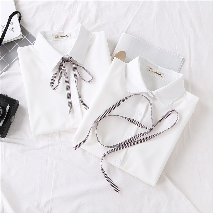 /全新实拍/蝴蝶结长袖白色雪纺衬衫女基础款...