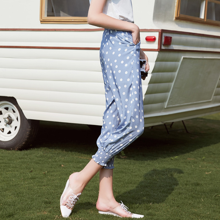 【活动价】高腰波点裤女蓝色休闲cec裤子哈...