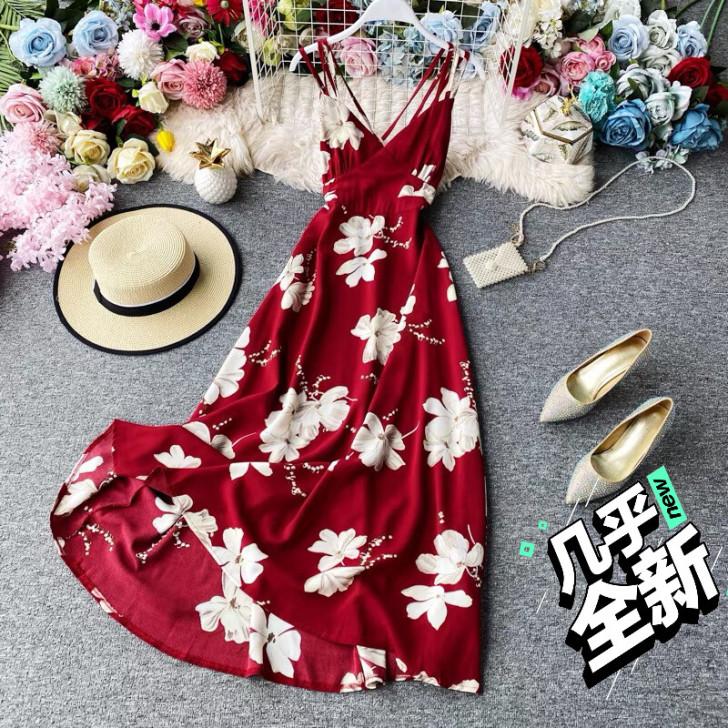 2021夏季海边度假裙印花V领露背收腰显瘦...