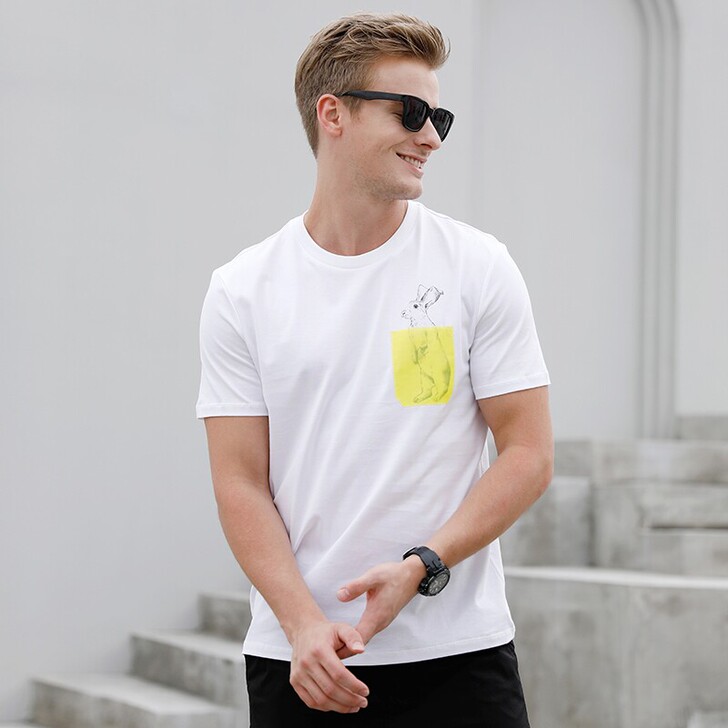 男士潮牌纯棉T恤衫，袋鼠图案印花圆领汗衫，