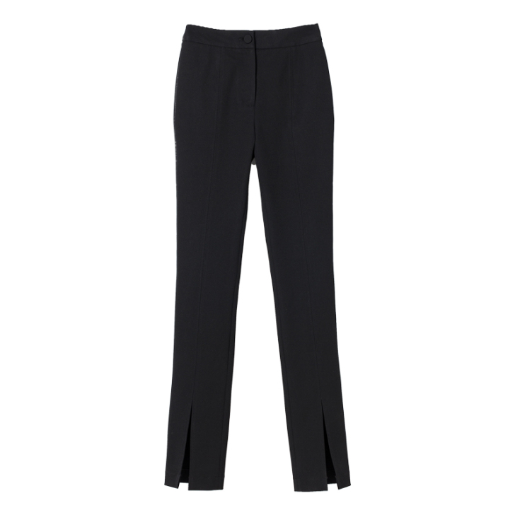 cottia前开叉裤子女黑色高腰微喇叭裤显...