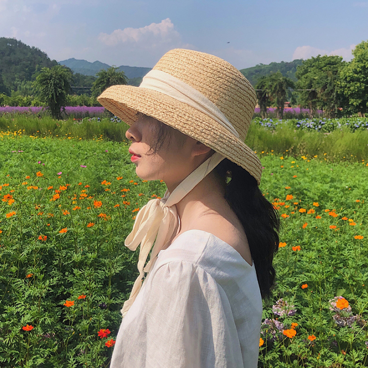 草帽系带ins风遮阳女飘带夏日系海边沙滩法...
