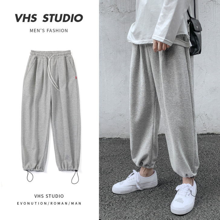 灰色抽绳卫裤男生裤子ins港风潮牌宽松夜跑...