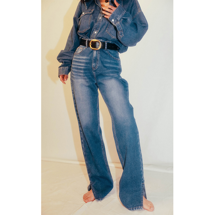 复古经典水洗工艺超高腰海蓝拖地全棉牛仔裤女...