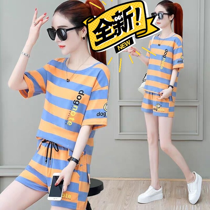运动套装女夏季学生时尚条纹短袖T恤宽松阔腿...