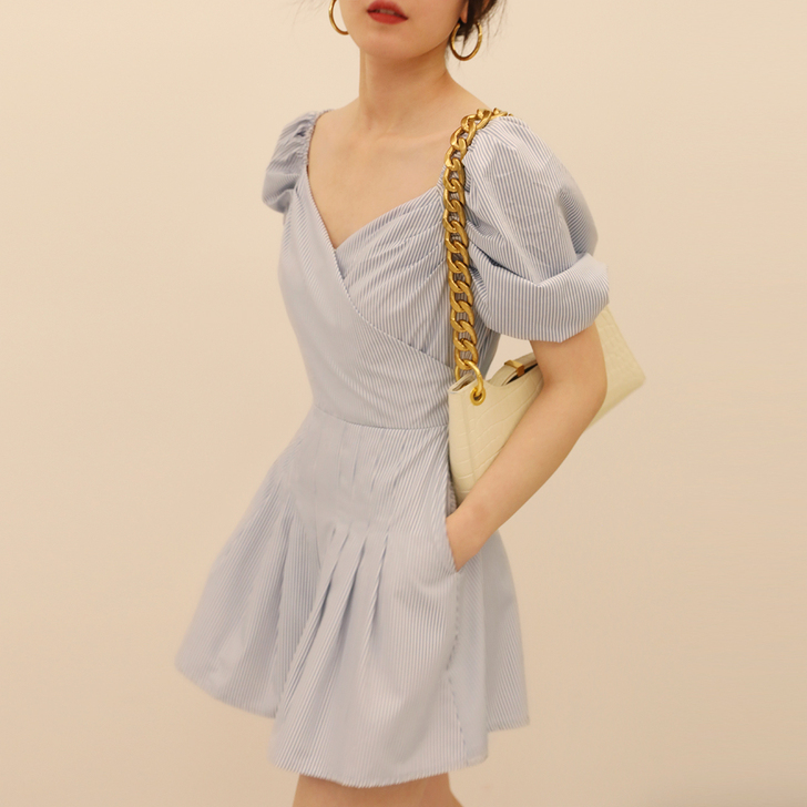 TANSSHOP新款连体裤 V领泡泡袖百褶...