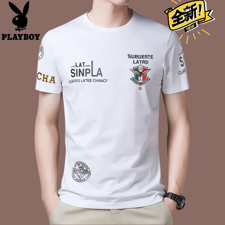 花花公子夏季款冰丝圆领男t恤字母印花短袖体...