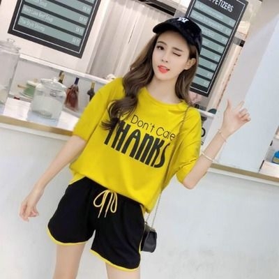 含棉运动套装女学生韩版宽松夏季休闲跑步两件...