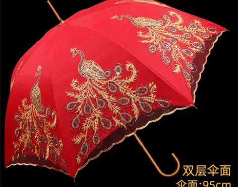 红伞婚庆结婚出嫁伞蕾丝花边刺绣长柄中式婚礼...