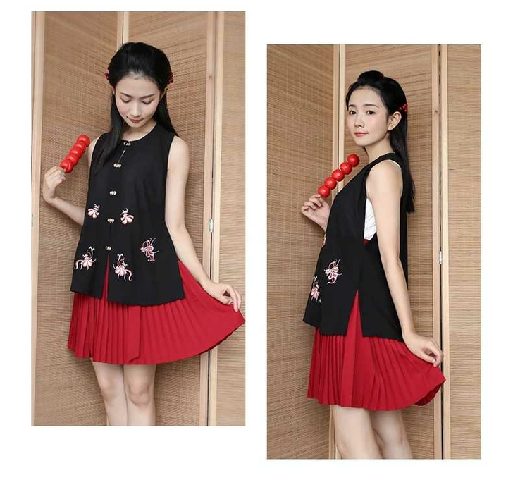 重回汉唐花木槿 原创设计日常汉服女无袖绣花...