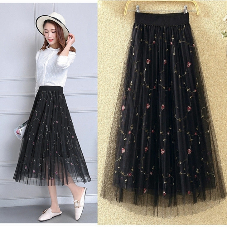 2021春夏中长款A字大摆网纱半身裙过膝长...