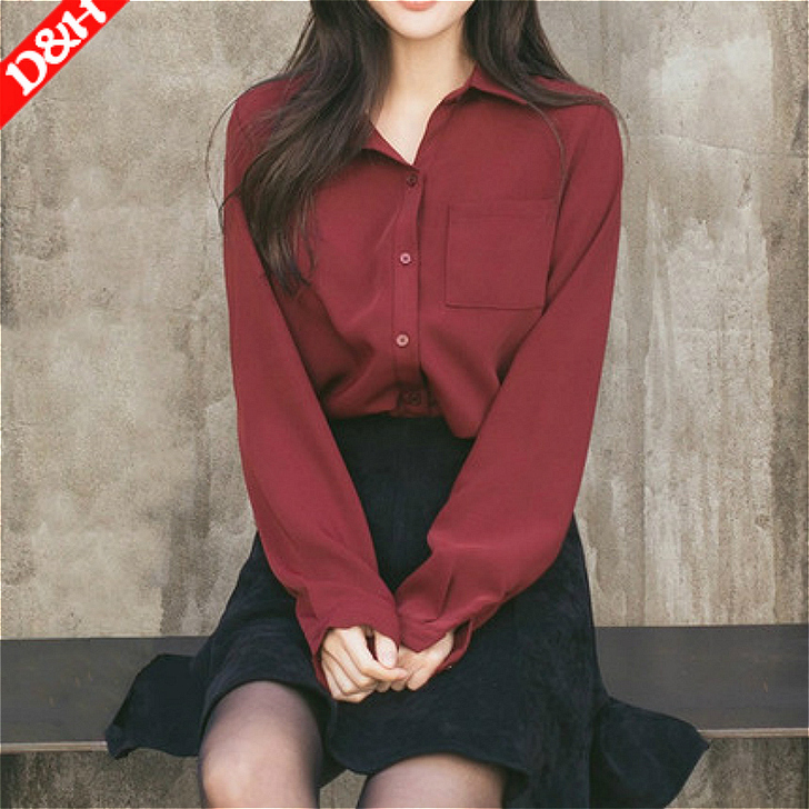复古港味韩版酒红色上衣宽松垂感时尚洋气衬衣...