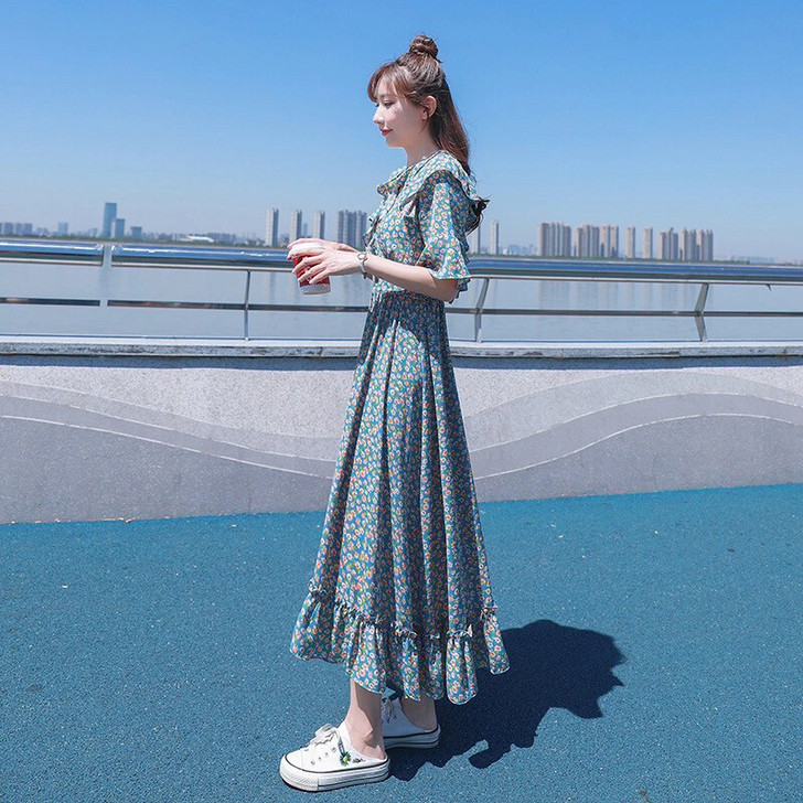 森系女装碎花雪纺连衣裙女夏季2021新款仙...