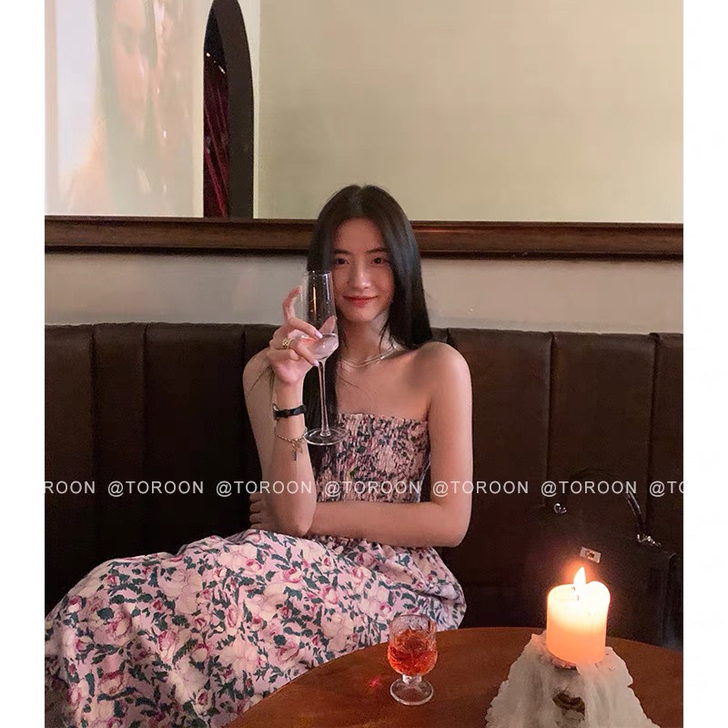 微醺午后 新款碎花抹胸法式连衣裙女夏设计感...