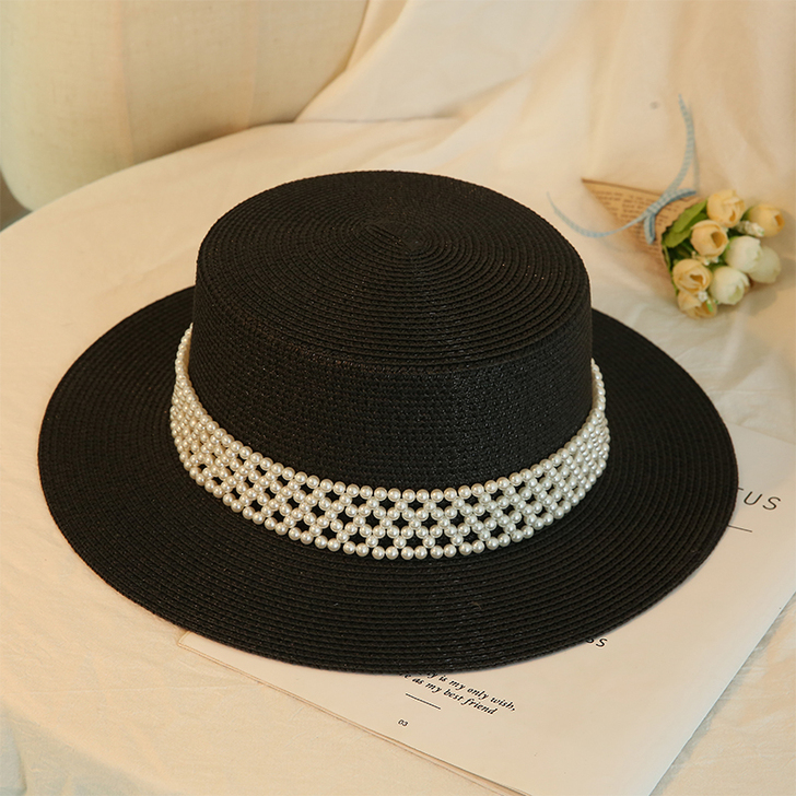 法式优雅珍珠平顶草帽女夏季出游防晒遮阳帽时...