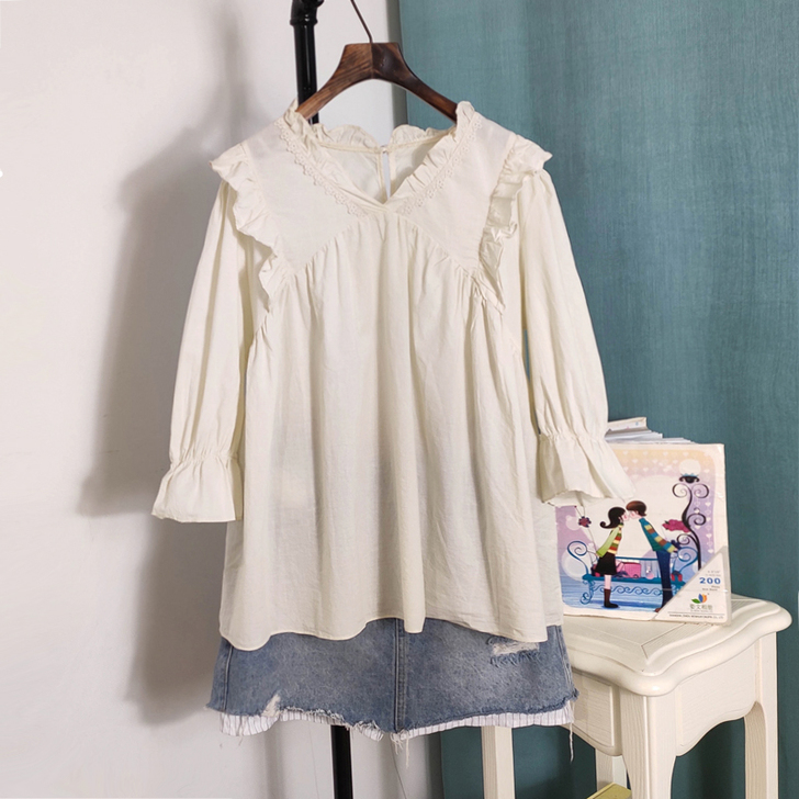 法式宫廷公主V领花边衬衫女夏新款韩版宽松蕾...