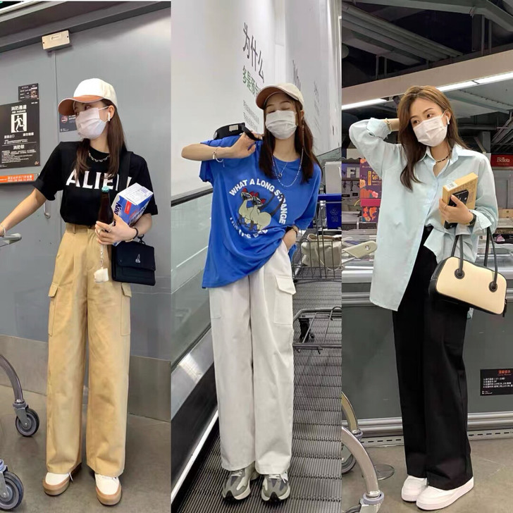 一月八号休闲工装阔腿裤女夏薄款哈伦裤高腰直...