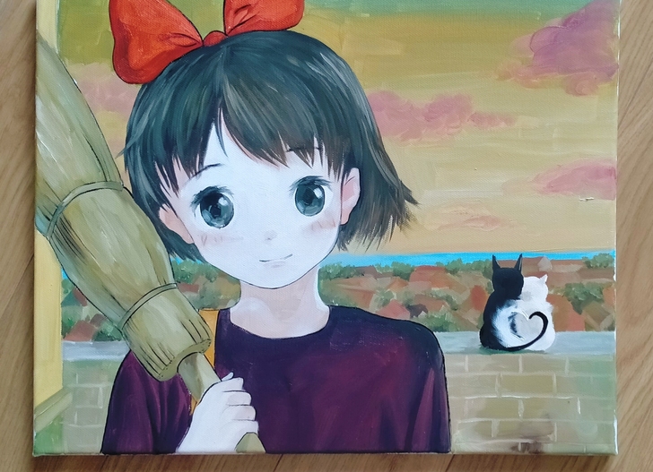 小魔女卡通油画作品