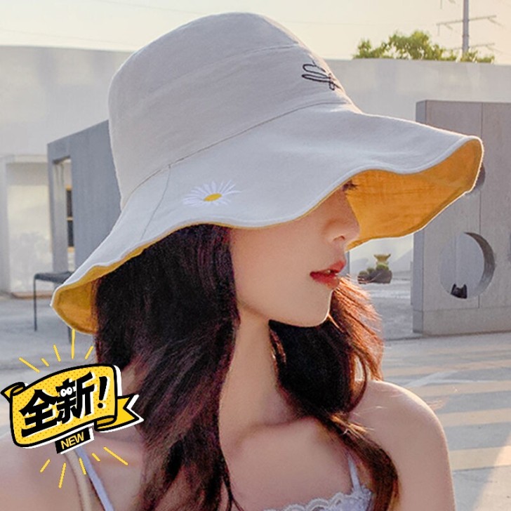 双面小雏菊渔夫帽夏季韩版女士遮阳防紫外线百...