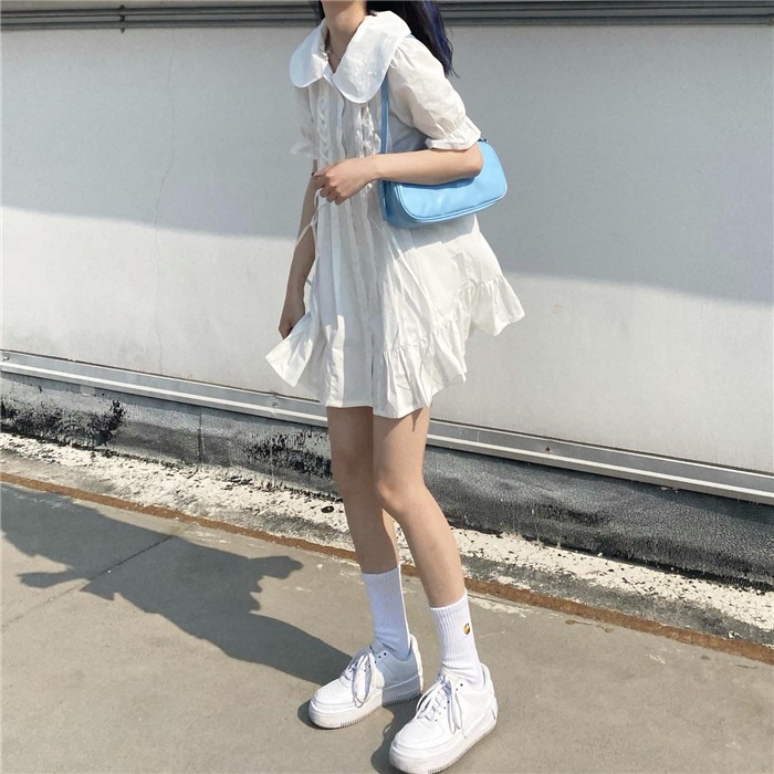 2020年新款夏季白色泡泡袖仙女裙子娃娃领...