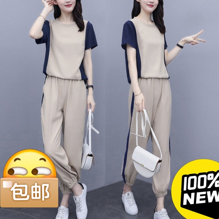 大码女装拼接休闲运动套装女2021年夏季新...