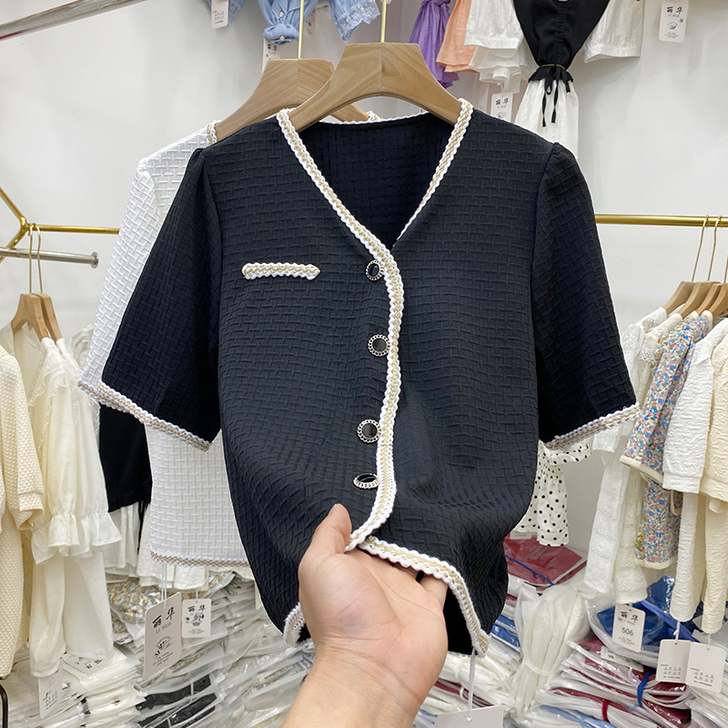 欧货设计感小众V领衬衫女短袖2021夏季新...