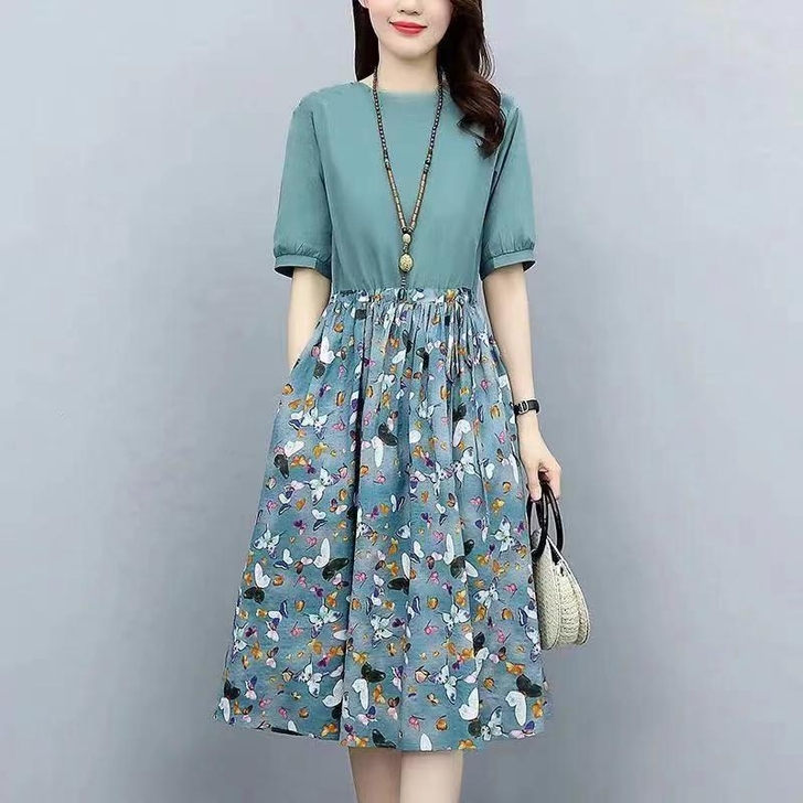 2021气质碎花拼接连衣裙女小众设计感气质...