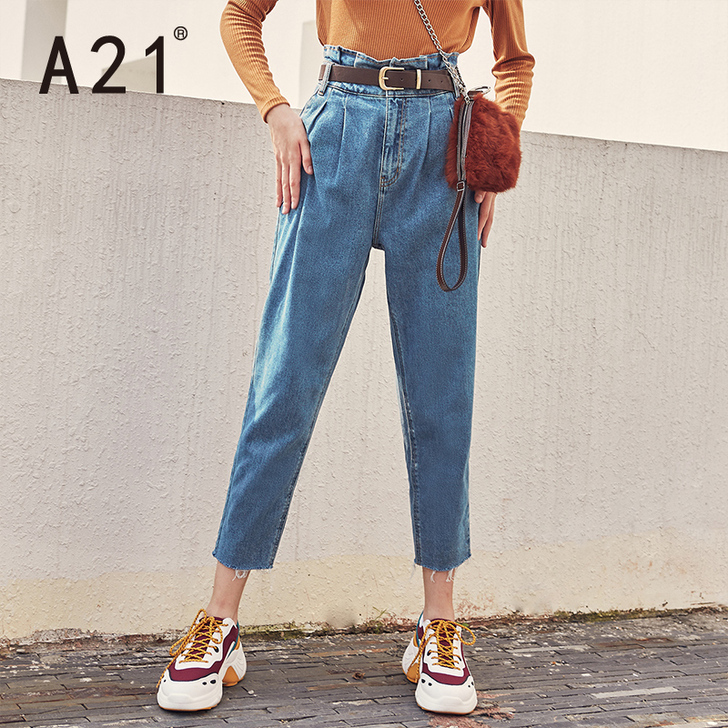 A21秋冬季新款浅色复古牛仔裤 高腰女士九...