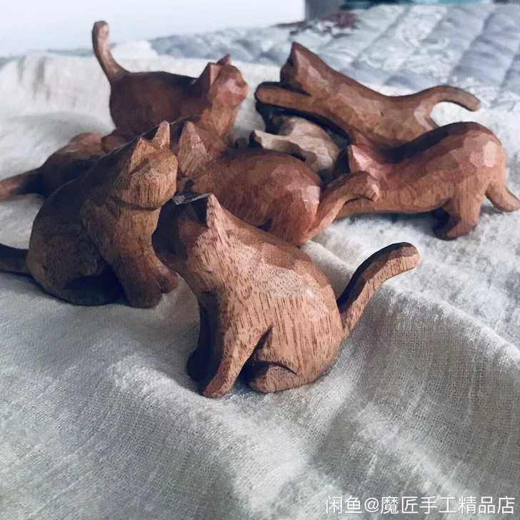 木雕小猫摆件手刻多款