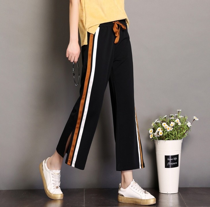 薄款阔腿裤女垂坠裤高腰直筒宽松开叉侧条纹九...