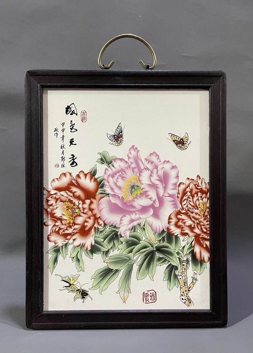 红木瓷板画挂屏！！《国色天香》高37宽29