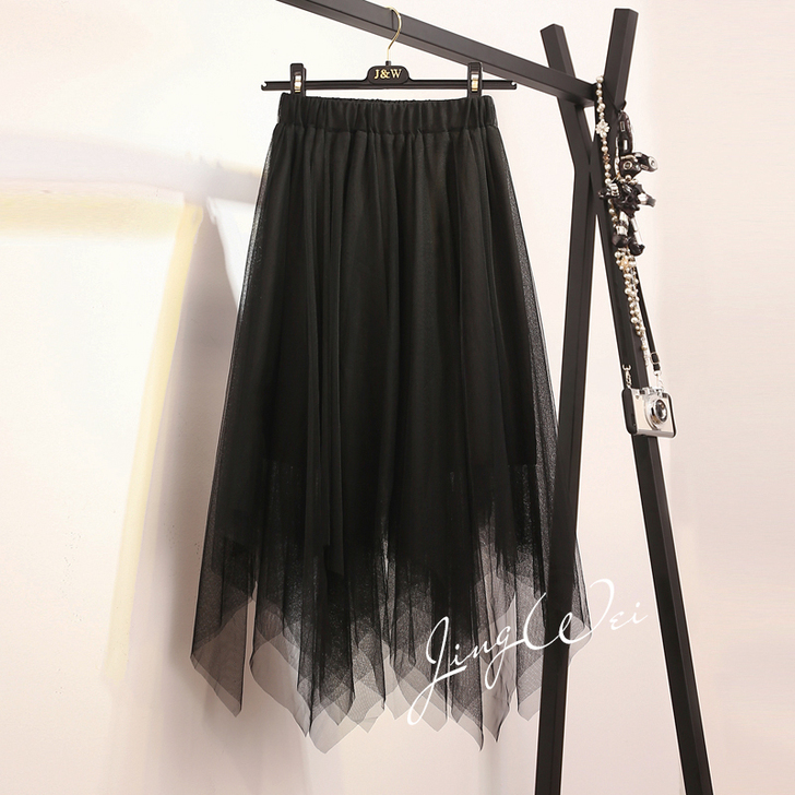 不规则纱裙半身裙2019春秋新款女中长款蓬...