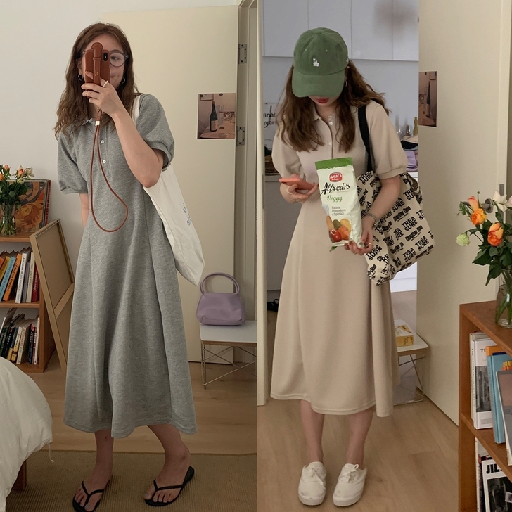 im向自制气质长裙夏季短袖polo领运动风...