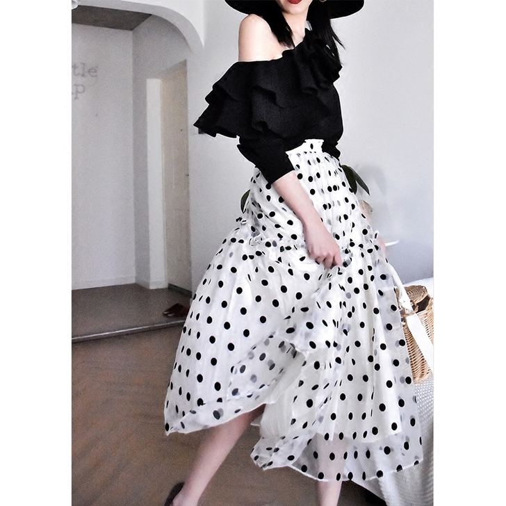 波点半身裙女2019春夏高腰a字蓬蓬伞裙点...