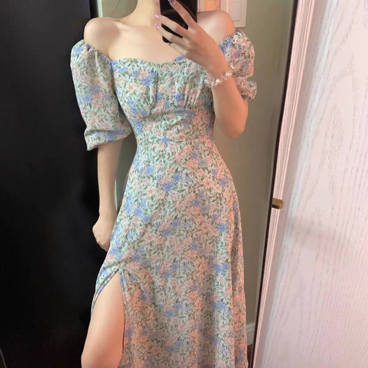 ByYou 法式复古方领雪纺碎花连衣裙收腰...