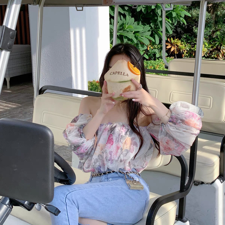 ByYou 葡萄紫碎花一字肩抹胸上衣