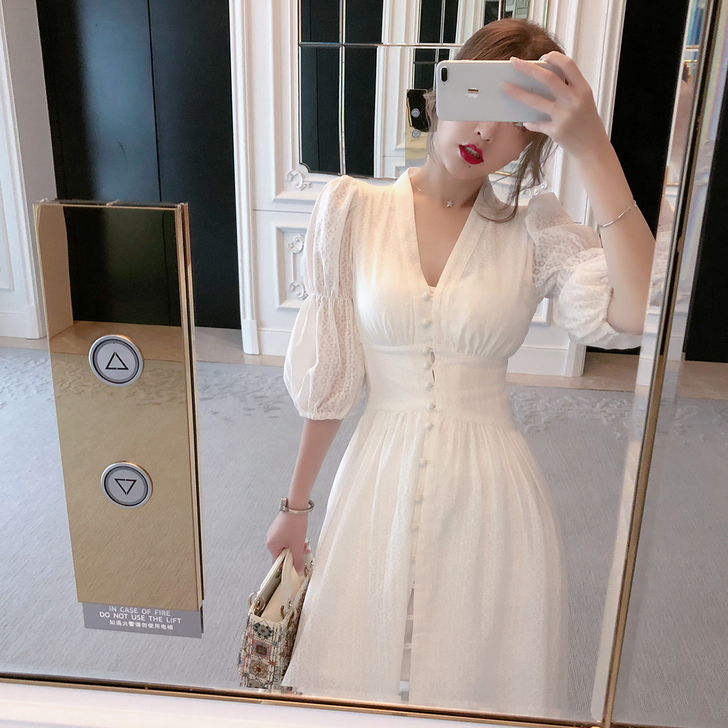 ByYou春季泡泡袖V领白色连衣裙收腰气质...