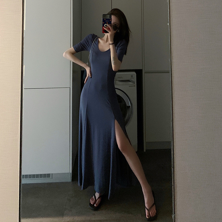 短袖长裙女夏韩国修身紧身性感V领莫代尔连衣...