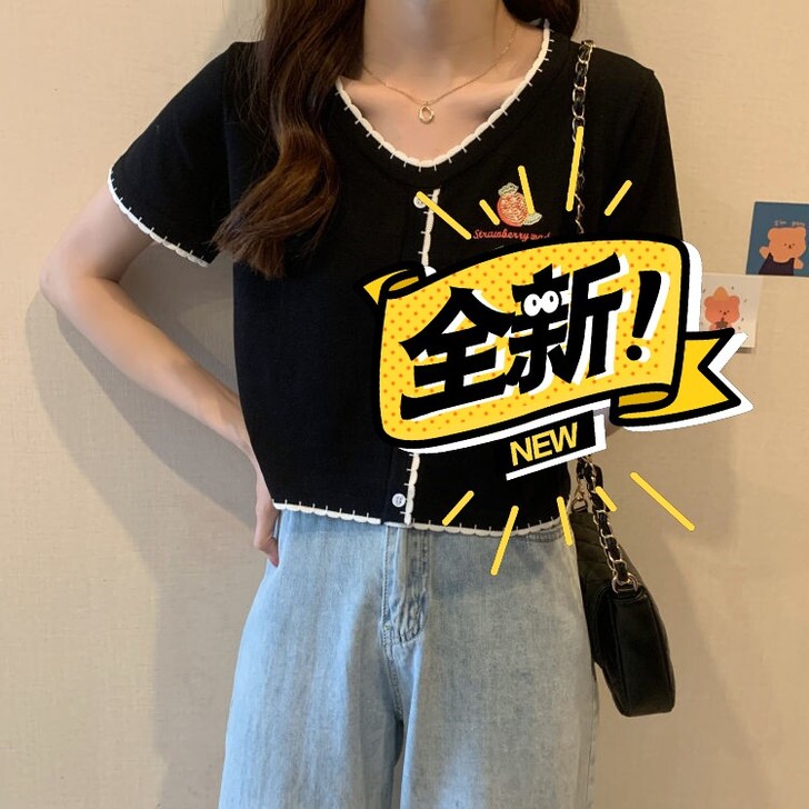 2021夏季新款圆领港味甜美少女短袖冰丝针...