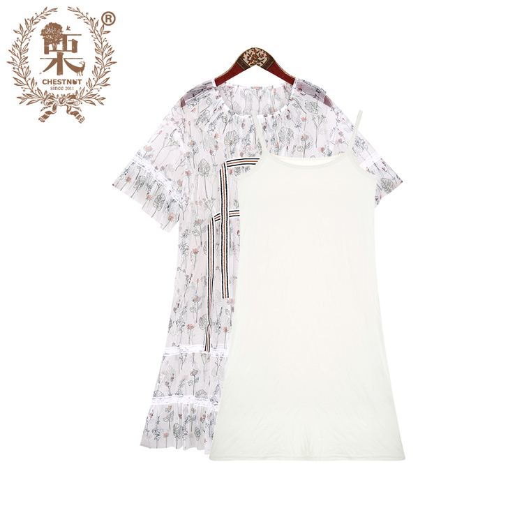 CHESTNUT/栗植物学运动风网纱印花清...