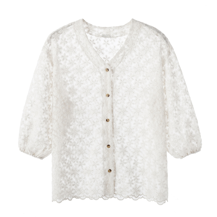 EKOOL蕾丝小雏菊刺绣V领衬衫女夏季20...