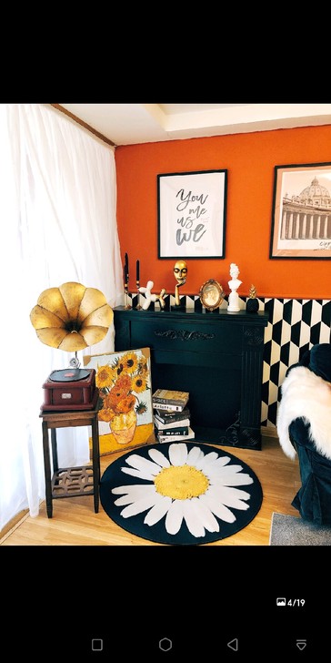 壁炉装饰摆件，梵高画，复古留声机