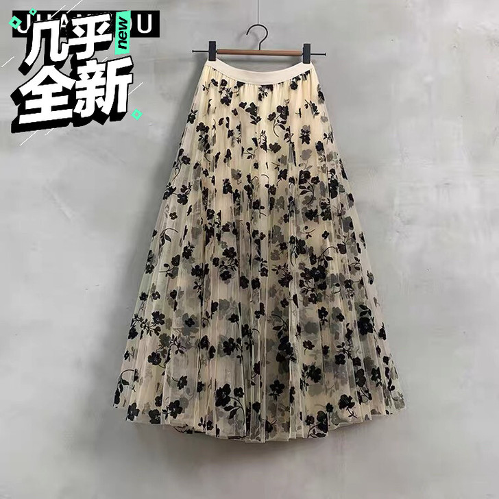 秋冬植绒纱纱裙女半身长裙大摆小碎花网纱蓬蓬...