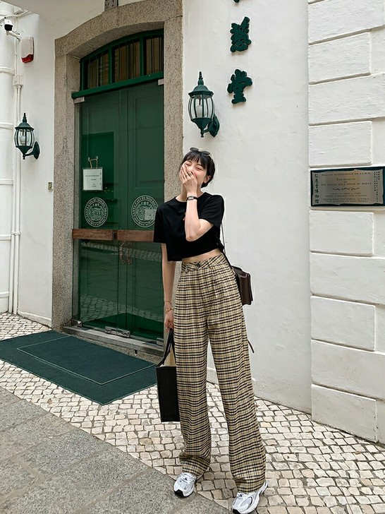 哈伦裤女垂感显瘦2021年春夏新款格子裤宽...