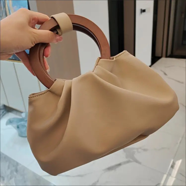 韩国ins复古木柄手提包褶皱云朵包斜挎小包...